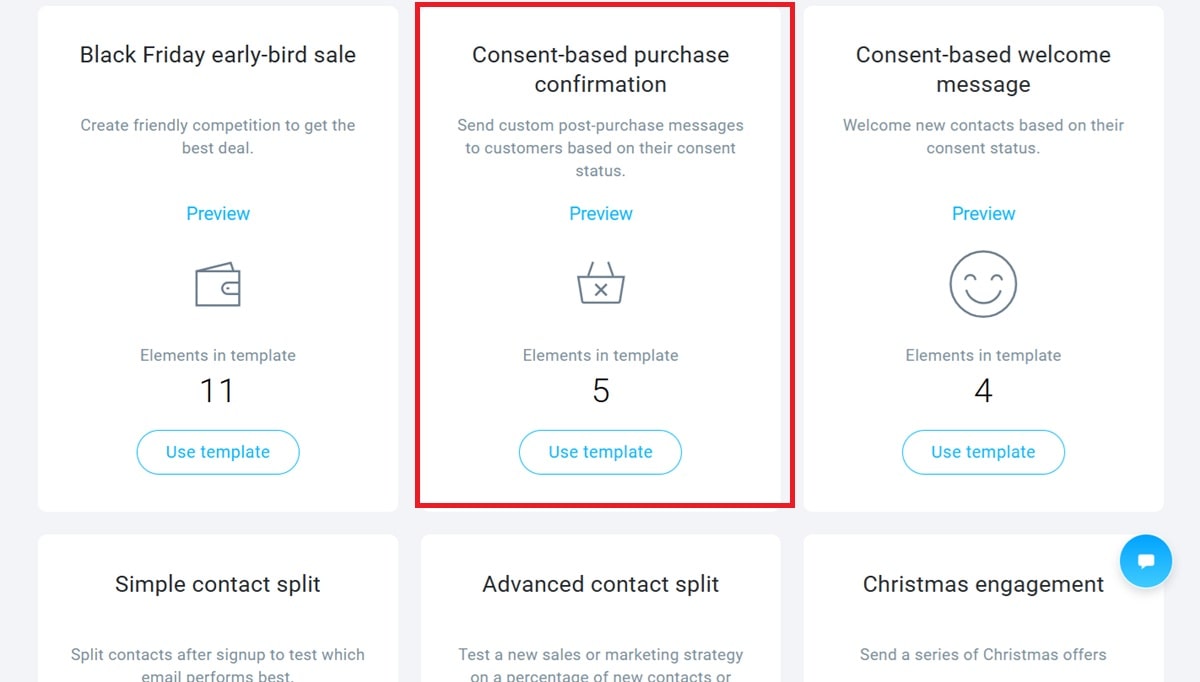 GetResponse GDPR-compliant order confirmation email template selection screen with customizable automation workflow options